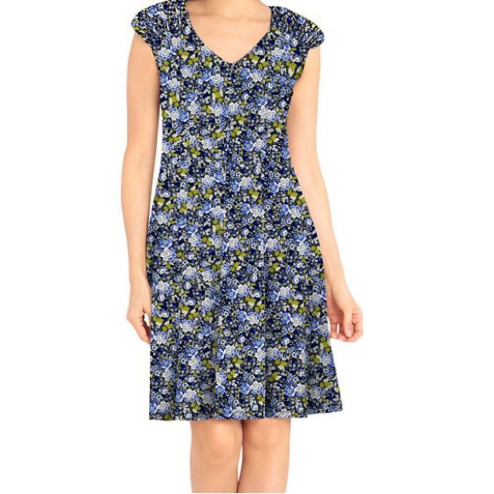 Blue Floral V-Neck Cap Sleeve Dress